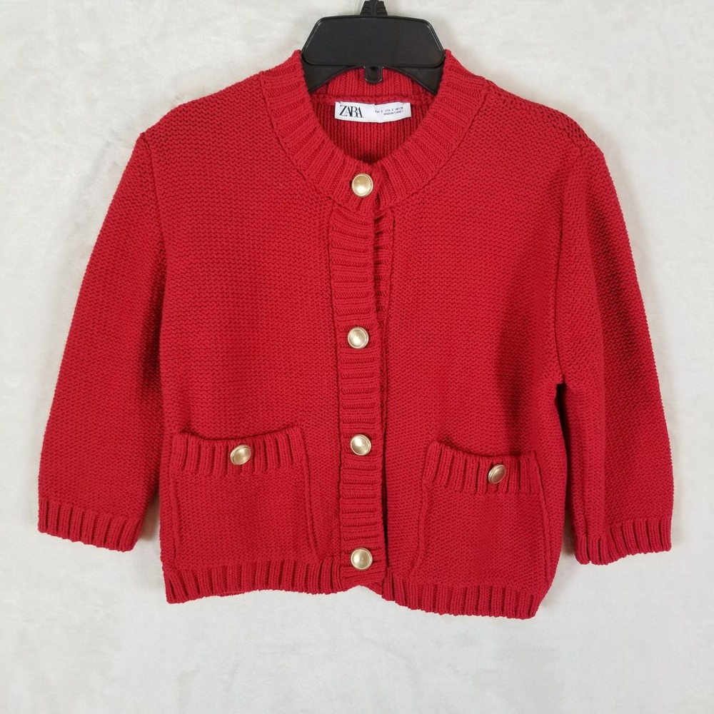 Zara Cardigan Sweater Womens S Red Gold Button Textured Knit Cropped 3/4 Sleeve - Picture 2 of 8